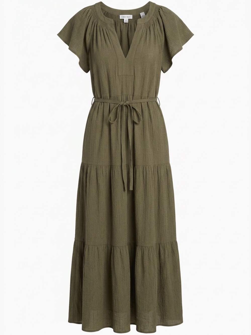Calvin Klein Olive Flutter-Sleeve Tiered Maxi Dress